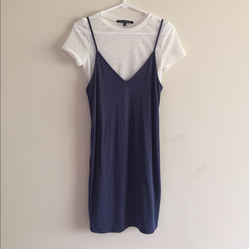 one clothing Navy Slip Midi Dress with White Tee Layer